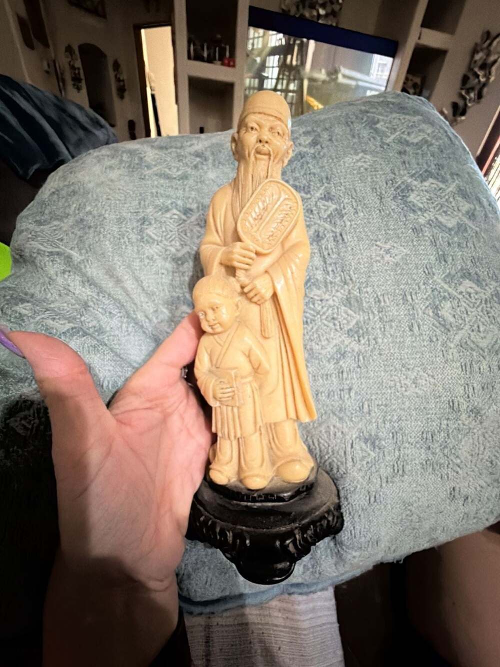 Vintage Asian Elder and Child Resin Figurine on Black Base